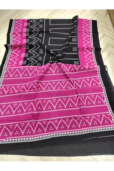 All Over Bandhni Printed Black And Pink Mulmul Cotton Saree (KR1564)
